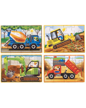 Puzzle v krabičke, sada 4 ks - Stavebné vozidlá