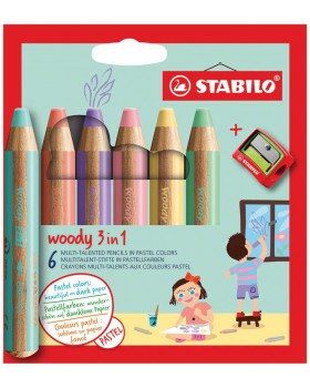 STABILO Woody 3in1 - multifunkčné pastelky, 6 pastelových farieb