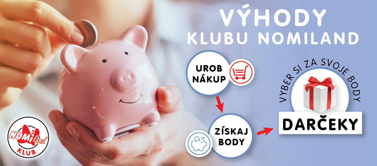 Žena, ktorá vhadzuje mincu do ružovej pokladničky v tvare prasiatka a výzva využívať výhody klubu Nomiland. Urobte nákup, získajte body a vyberte si za svoje body darček.