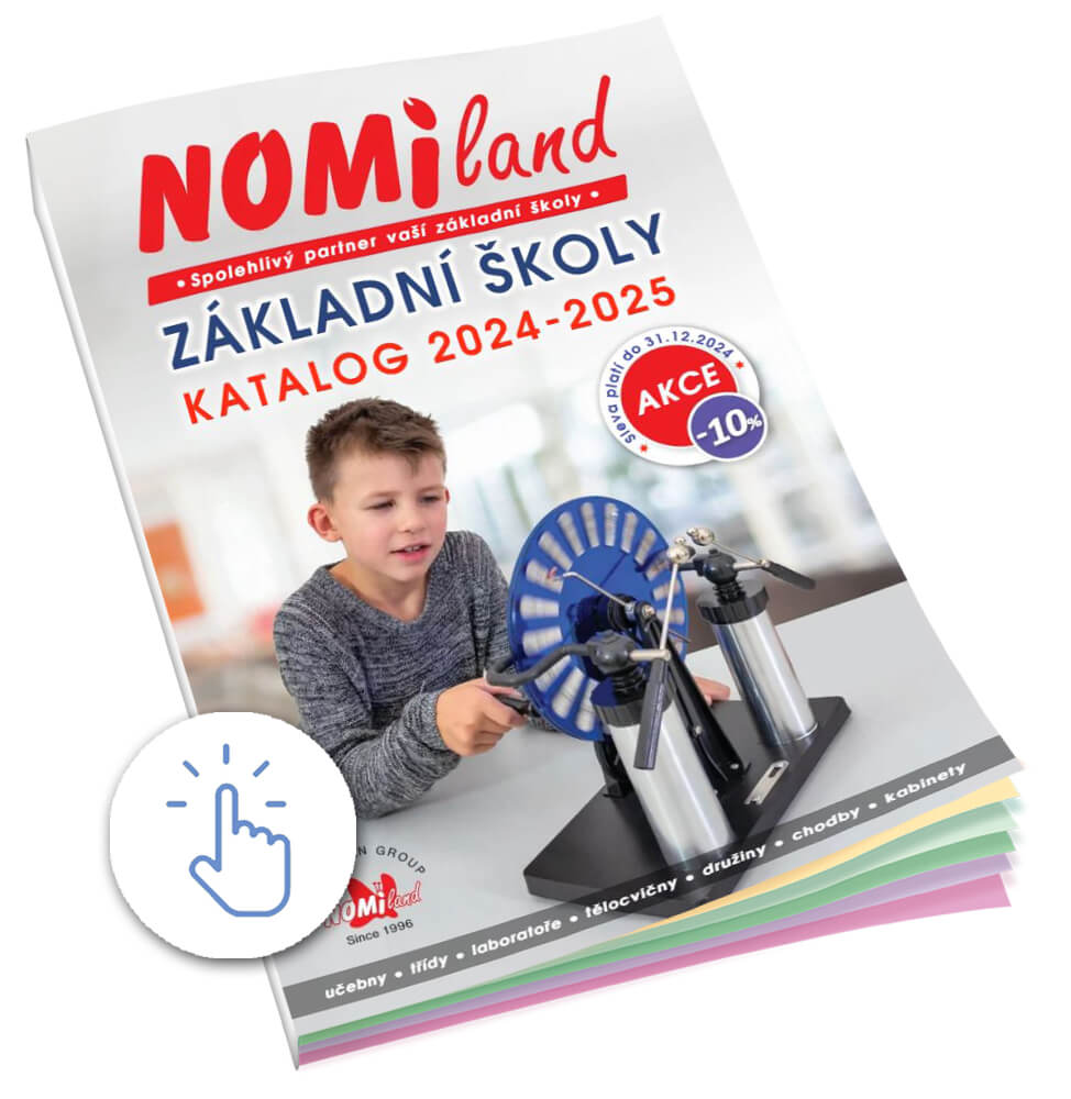 Katalog Nomiland Základní školy 2024/2025 s chlapcem pracujícím s vědeckou pomůckou na titulní straně. Obsahuje nabídku pro učebny, třídy, laboratoře, tělocvičny, družiny a kabinety. V levém dolním rohu je ikona kliknutí.