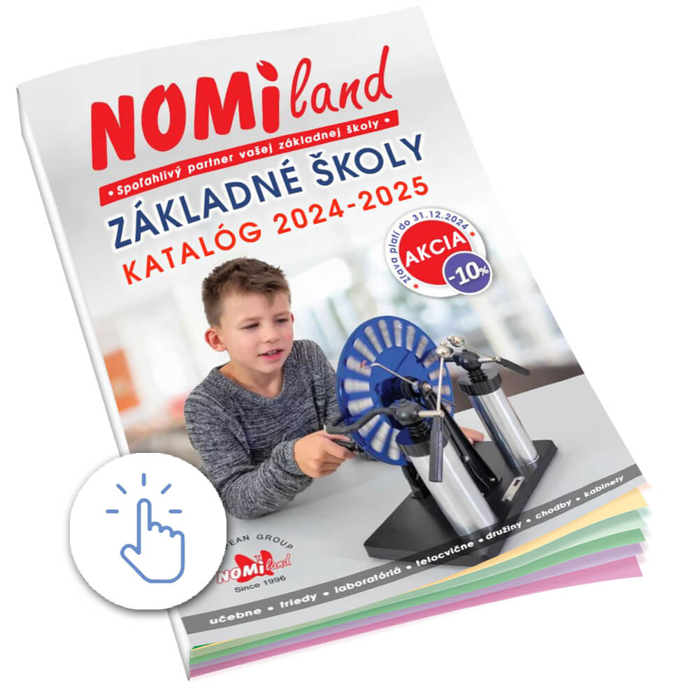 Katalóg Nomiland Základné školy 2024/2025 s chlapcom pracujúcim s vedeckou pomôckou na titulnej strane. Obsahuje ponuku pre učebne, triedy, laboratóriá, telocvične, družiny a kabinety. V ľavom dolnom rohu je ikona kliknutia.