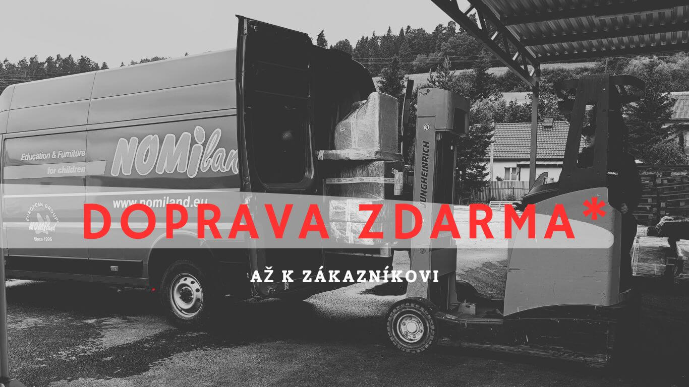 Efektivní nakládání zboží do dodávky s logem firmy Nomiland a zdůraznění výhodné služby dopravy zdarma.