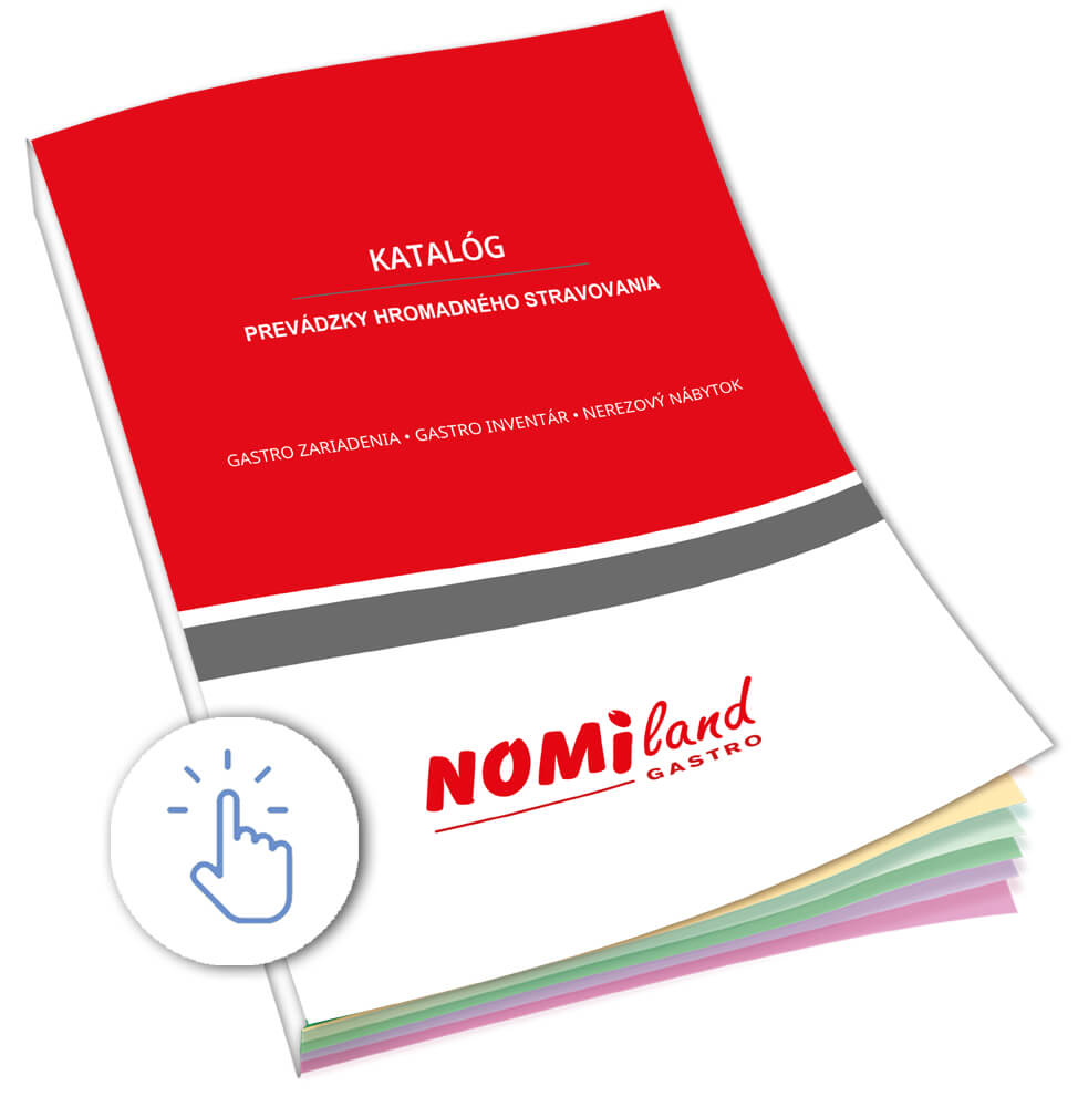 Katalog Nomiland Gastro pro provozy hromadného stravování s výrazným červeno-bílým designem obálky. Obsahuje nabídku gastro zařízení, inventáře a nerezového nábytku. V levém dolním rohu je ikona kliknutí.