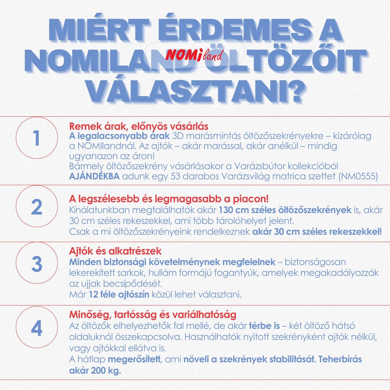 Okok, amiért érdemes a Nomiland öltözőit választani – legalacsonyabb árak, biztonságos alkatrészek, minőség és variálhatóság.