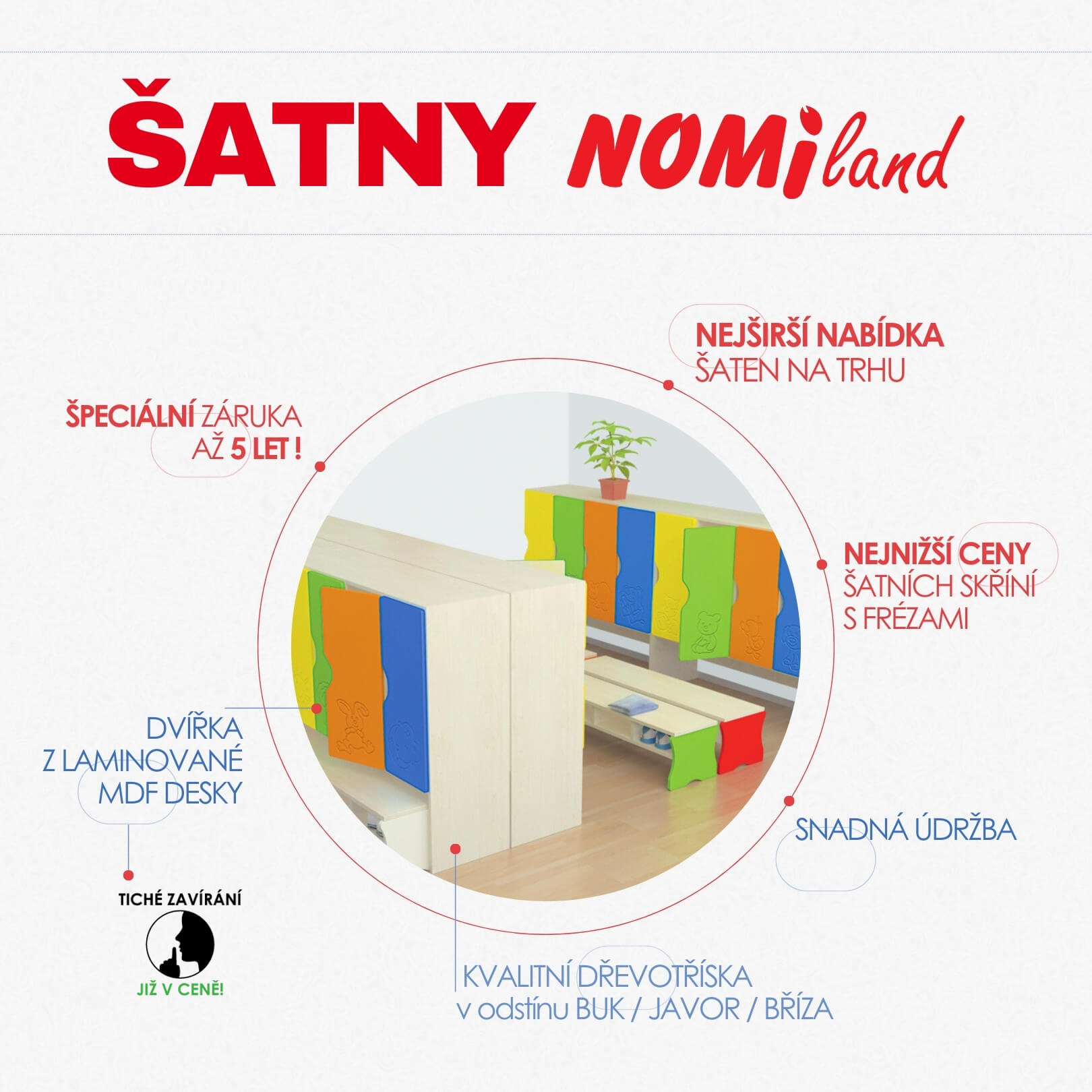 Barevné šatny pro mateřské školy od společnosti Nomiland z laminované dřevotřísky s tichým zavíráním.