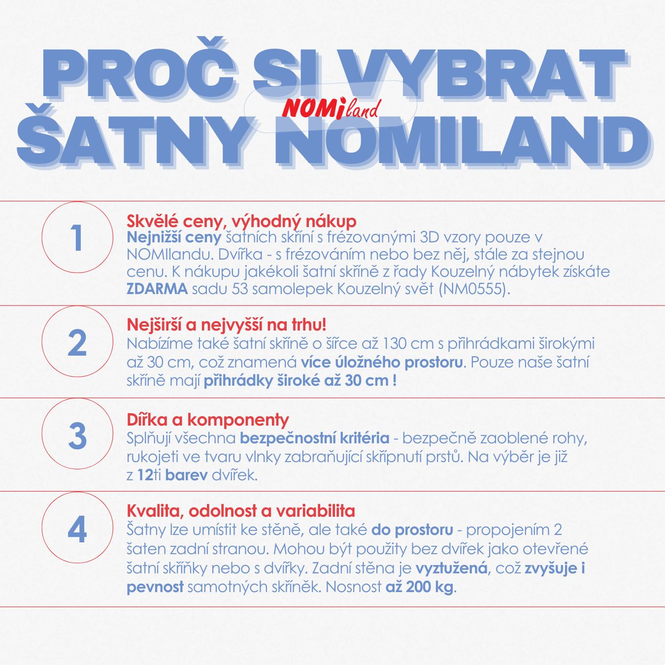 Důvody, proč si vybrat skříňky Nomiland - nejnižší ceny, bezpečné komponenty, kvalita a variabilita.
