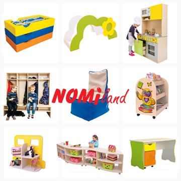 Vybavení a nábytek pro školky od Nomiland – sedací vaky, kuchyňka, skříňky, regály, dětské pulty, paravány a stoly na učení.