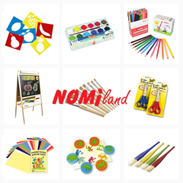 Výtvarné a kreativní potřeby pro děti od Nomiland – barvy, štětce, pastelky, nůžky, papíry, šablony a stojan na kreslení.