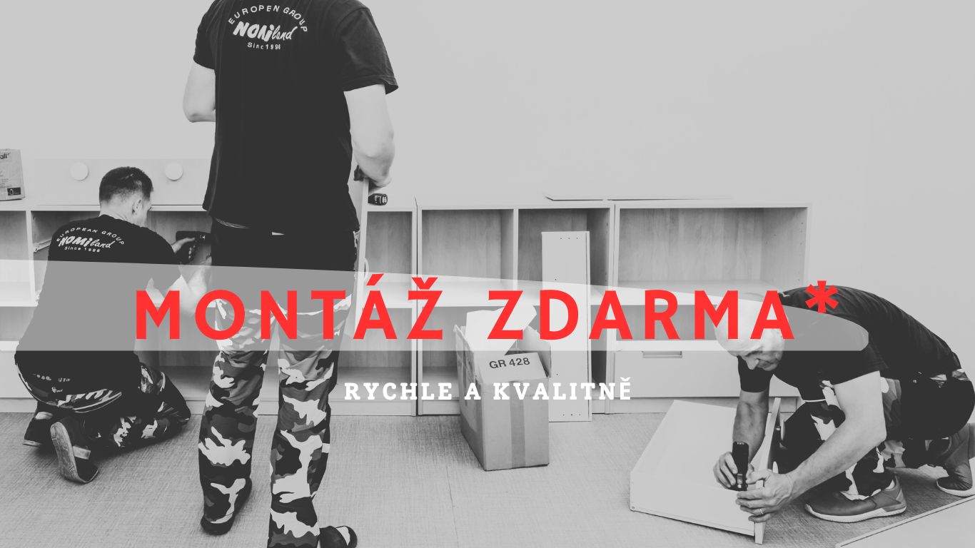 Průběh montáže skříněk do mateřských škol a zdůraznění výhodné služby montáže zdarma.