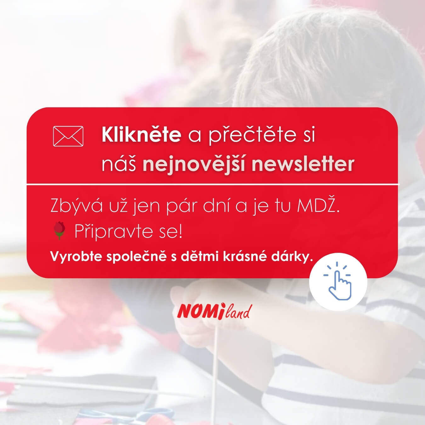 Reklamní grafika Nomilandu s výzvou k přečtení nejnovějšího zpravodaje s inspirací na dárky k MDŽ.