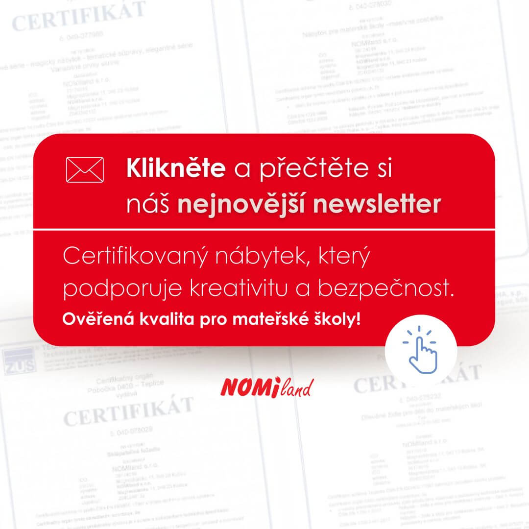 Reklamní grafika Nomilandu, která vás zve k přečtení nejnovějšího newsletteru o certifikovaném nábytku do mateřských škol.