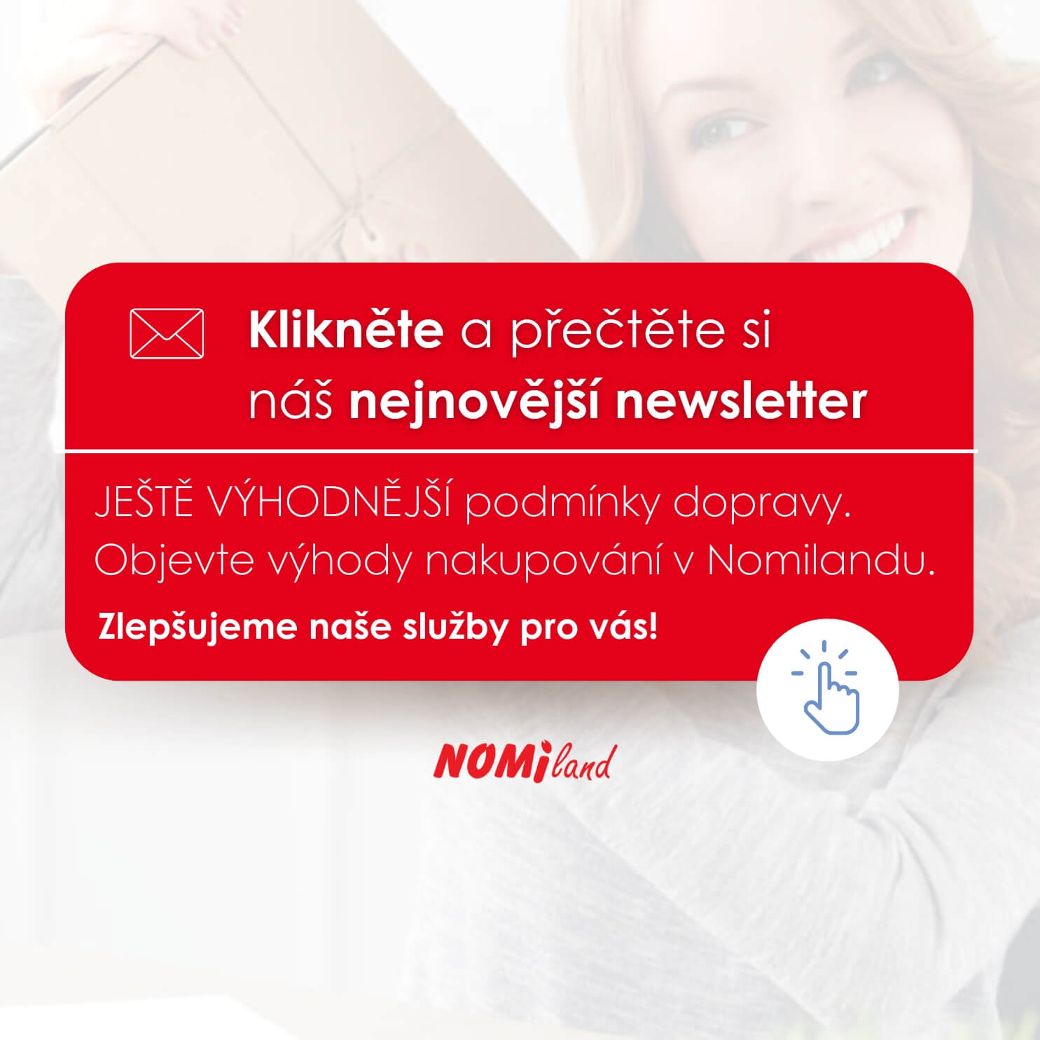 Propagační grafika Nomiland, která vás zve k přečtení nejnovějšího newsletteru s výhodami přepravy.