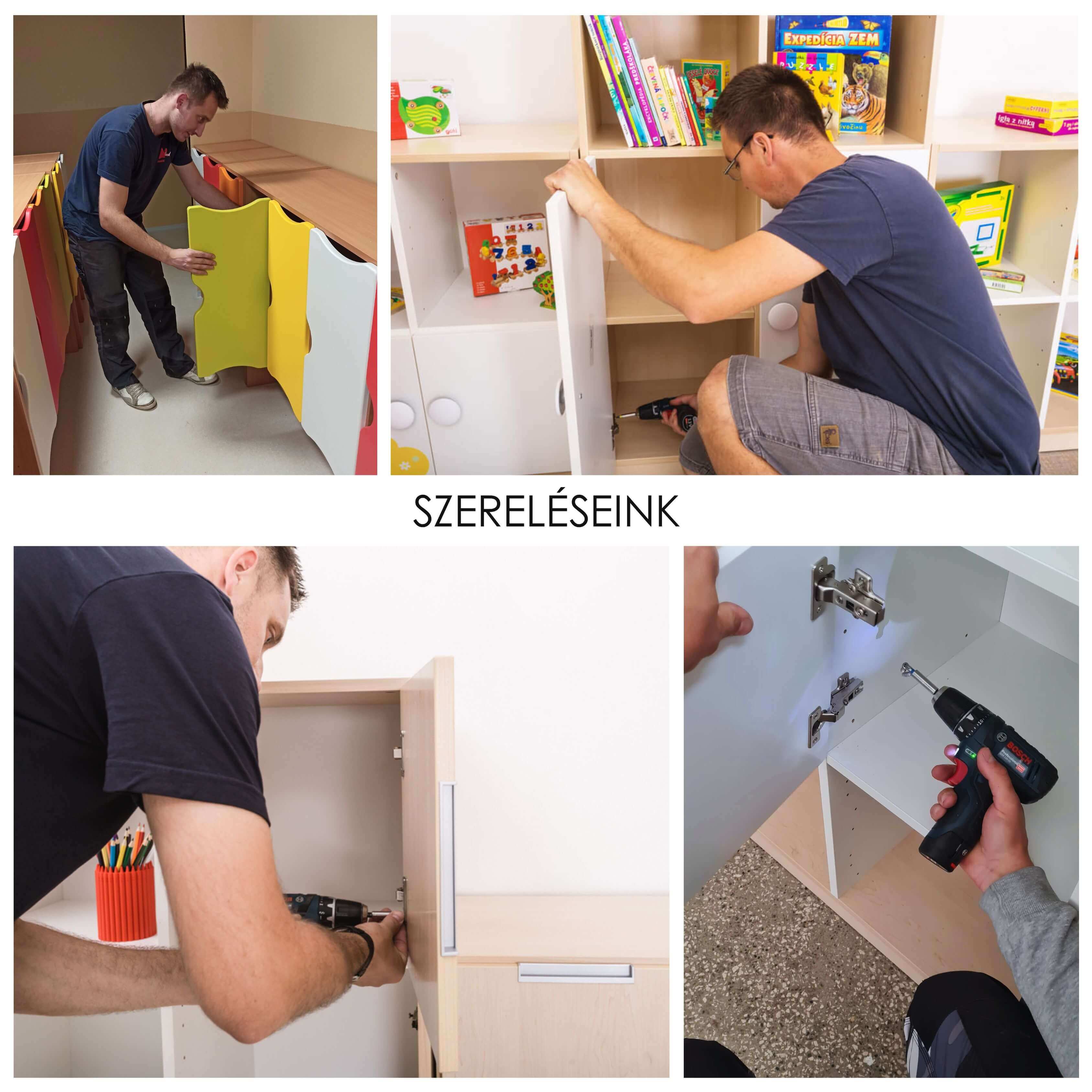 Asztalos szakember bútorszerelés közben. Különböző fázisokban összeszerelt szekrények és polcok láthatók, szerszámokkal végzett precíz munkával.