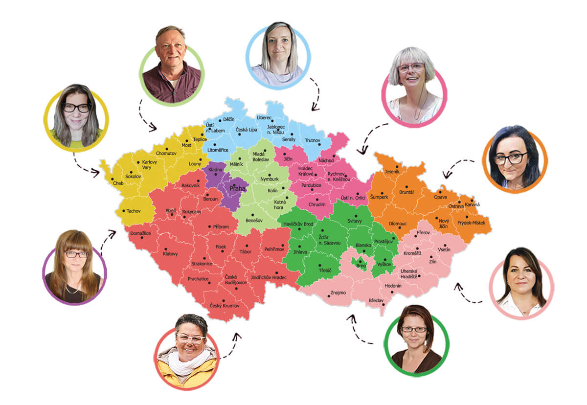 Barevně znázorněné působení obchodních zástupců firmy Nomiland v jednotlivých regionech v Čechách.