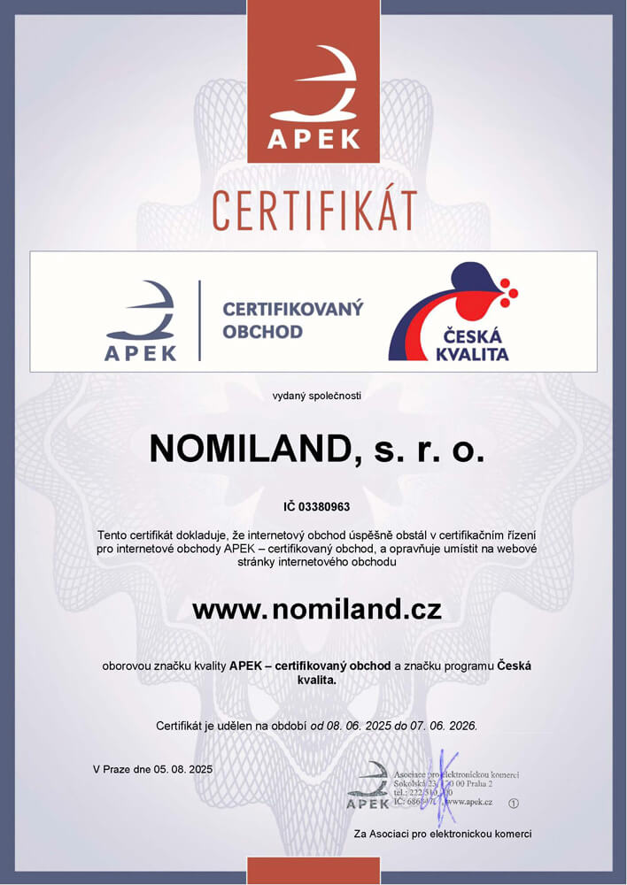 Certifikát bezpečnosti pro firmu Nomiland na rok 2025/2026.