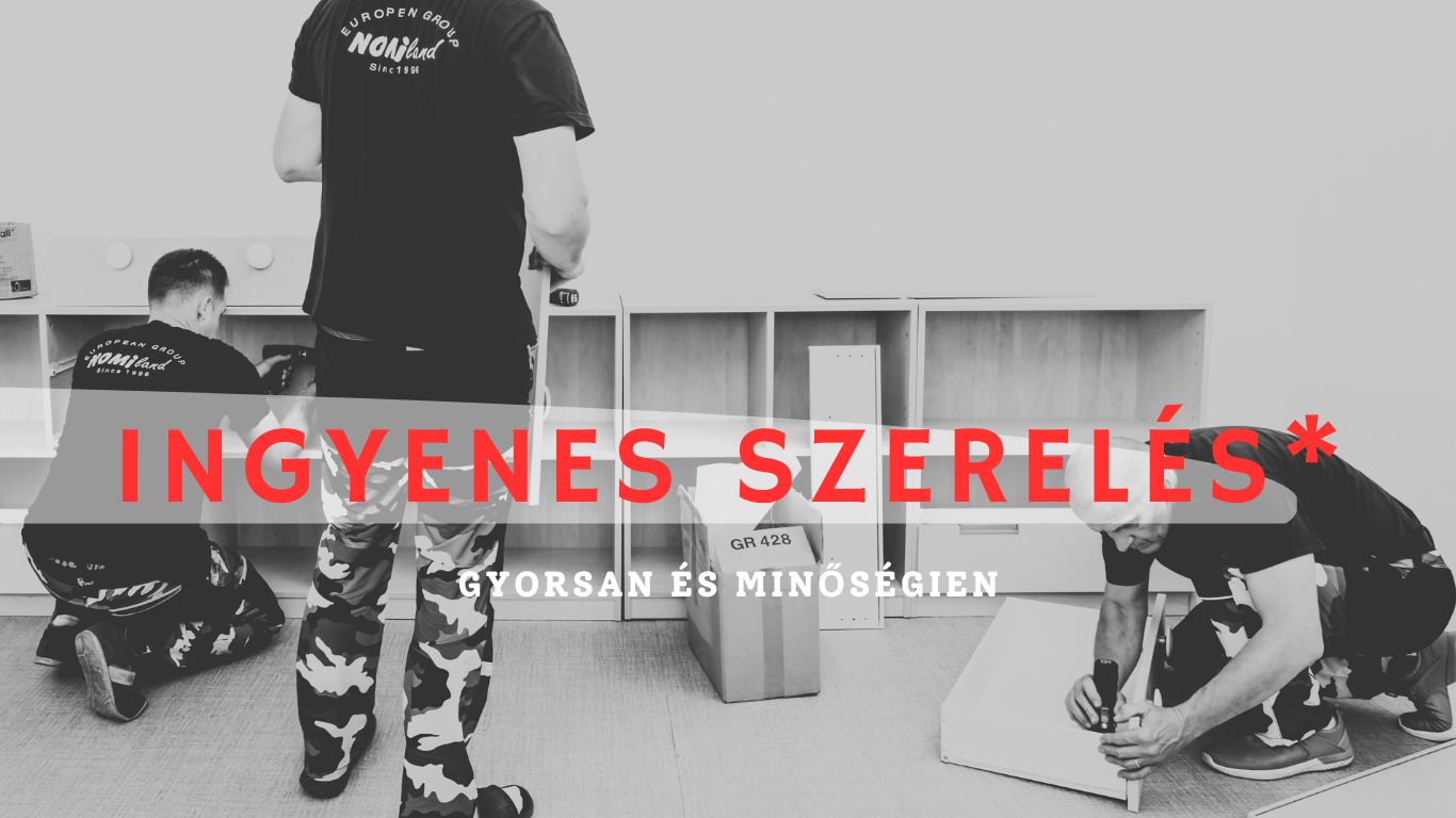 Bútorszerelő csapat munka közben, ingyenes szerelési szolgáltatás reklámja. A képen szakemberek láthatók, akik gyorsan és precízen összeszerelik a bútorokat.