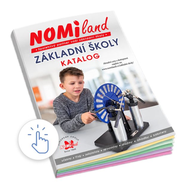Katalog Nomiland Základní školy s chlapcem pracujícím s vědeckou pomůckou na titulní straně. Obsahuje nabídku pro učebny, třídy, laboratoře, tělocvičny, družiny, chodby a kabinety. V levém dolním rohu je ikona kliknutí.