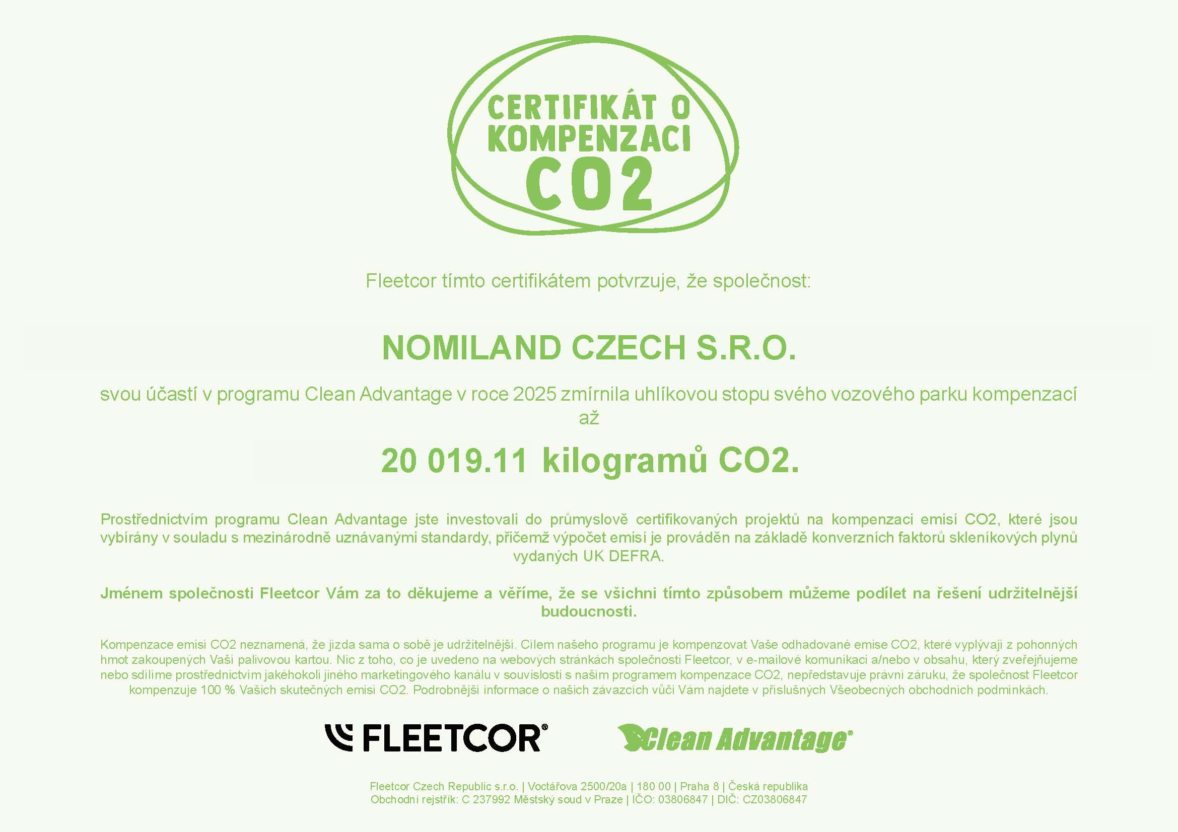 Certifikát o kompenzaci CO2 pro Nomiland CZ za rok 2025 v rámci programu Clean Advantage.