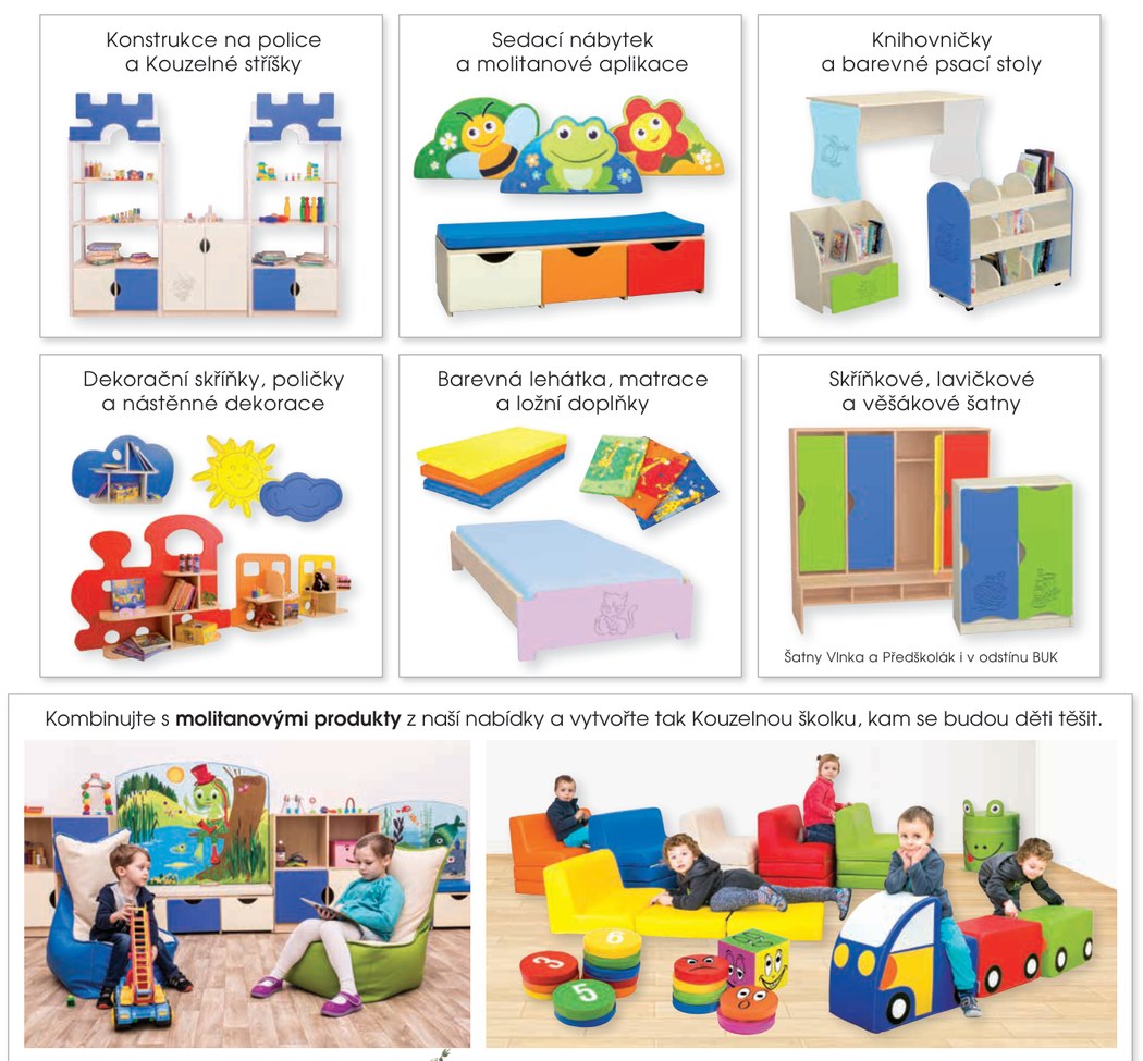 Přehled produktů série: konstrukce a stříšky, sedací nábytek, knihovničky a stoly, dekorace, lehátka, šatny
