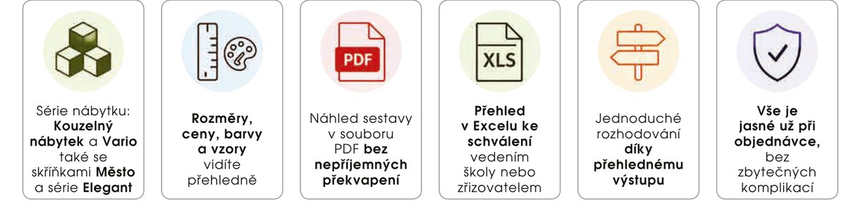 Výhody konfigurátoru: série Kouzelný nábytek, Vario, Město a Elegant; rozměry, ceny, barvy a vzory; náhled v PDF; přehled v Excelu ke schválení