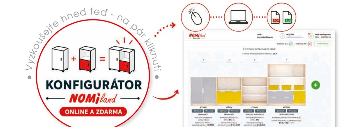 Konfigurátor NOMIland online a zdarma: vyberete skříňky, sestavu uložíte do PDF a Excelu