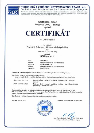 Certifikát 040-085798 – dřevěné židle pro mateřské školy