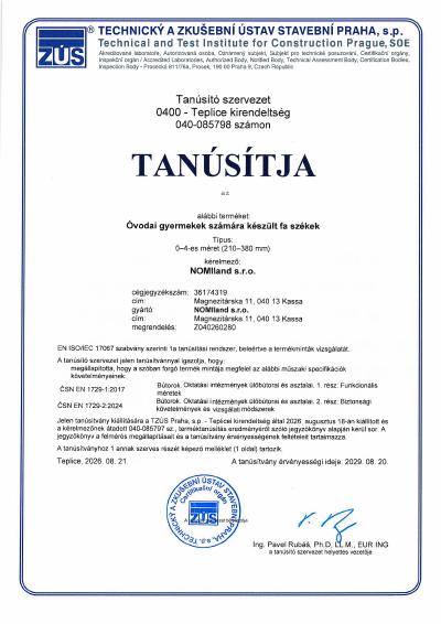 Tanúsítvány 040-085798 – óvodai fa székek