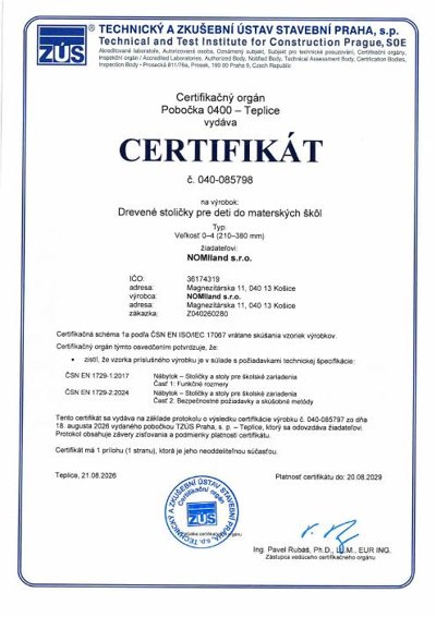 Certifikát 040-085798 – drevené stoličky pre materské školy